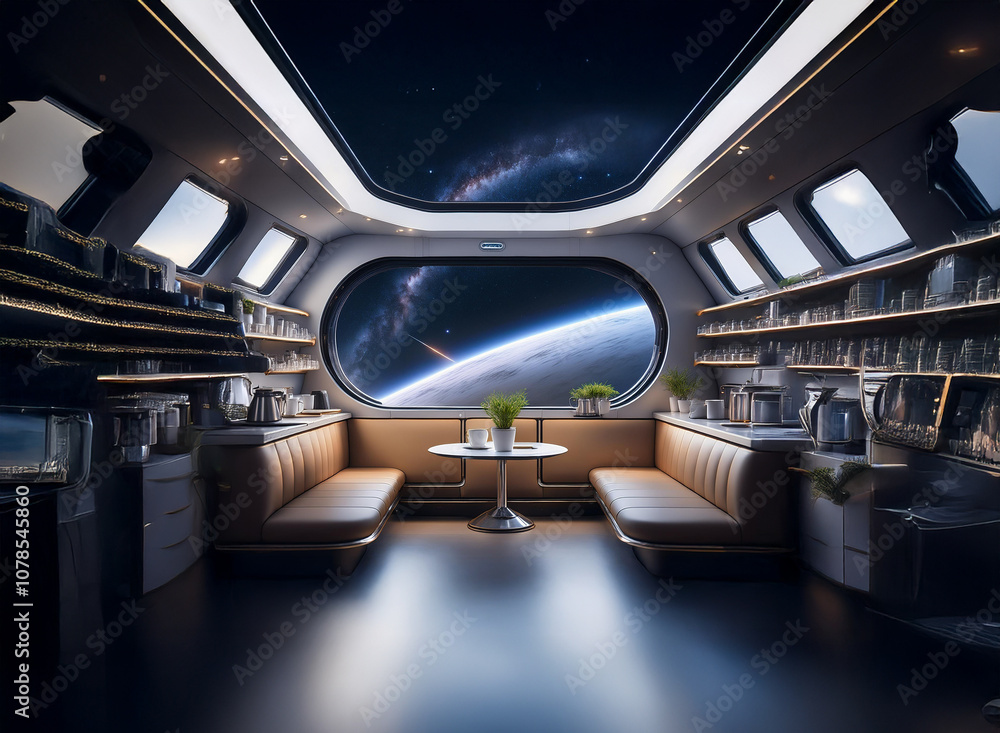 Poster A futuristic spaceship cabin with large windows showcasing a distant planet and a starry sky.