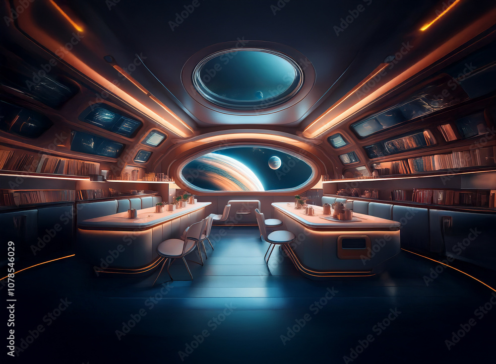 Poster a futuristic spaceship interior with a large window overlooking a planet and its rings.