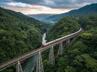 Fototapeta premium Majestic Train Journey: A Scenic View of a Train Crossing a Bridge in a Lush Jungle Forest Surrounded by Vibrant Greenery and Nature's Beauty