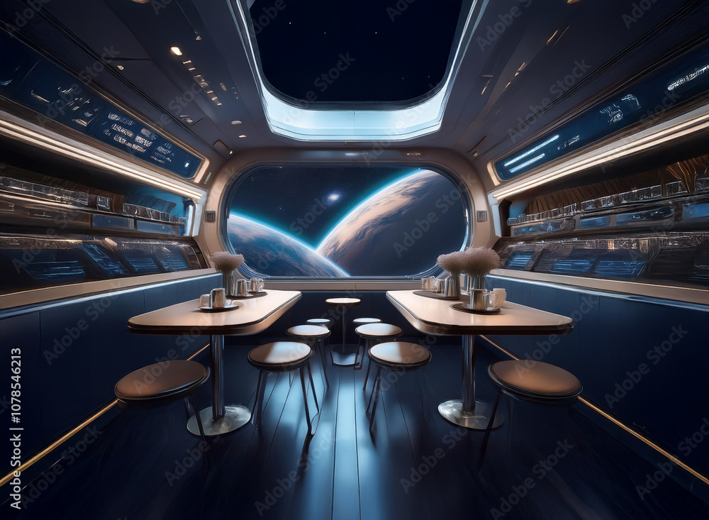 Poster A futuristic spaceship dining area with large windows showing a view of two planets and stars.