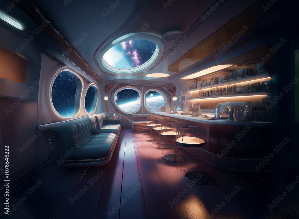 Poster A futuristic bar with a view of Earth and a starry sky through large porthole windows. The interior features a bar with a back bar and a few stools, and a plush seating area.