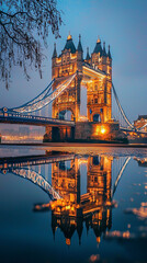 Tower Bridge in London at sunset with reflections on the river.