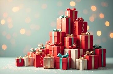 Designer, unusual creative Christmas tree. Many gift boxes stand on top of each other in the shape of a pyramid. Festive blurred background with bokeh lights