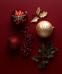 Christmas decorations with red and gold ornaments on a red background, featuring Christmas balls, snowflakes, and holly leaves. Red color scheme with high-resolution, detailed product photography.