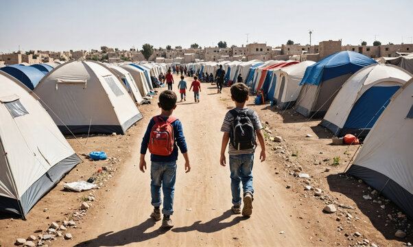 Two young boys walk through a refugee camp in the middle of a hot, sunny day