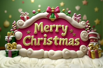 Whimsical Merry Christmas sign adorned with a pink bow candy canes holly and frosted ornaments in a playful pastel color scheme and festive holiday setting
