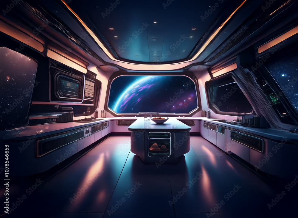 Poster A futuristic kitchen with a large window overlooking a planet in space.
