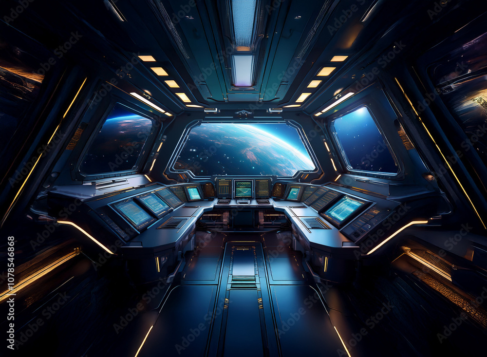 Poster a futuristic spacecraft cockpit with a view of earth from a window.