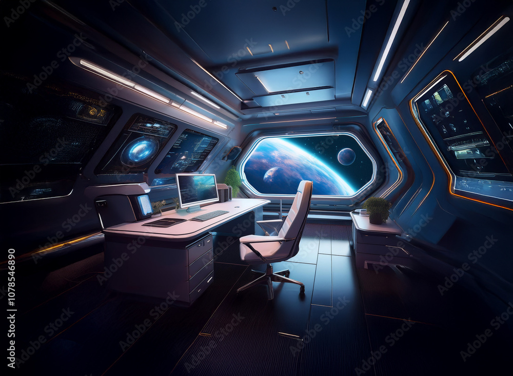 Poster A futuristic office interior with a large window overlooking a view of Earth and a moon from space.