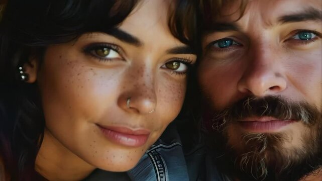 A close-up portrait of a couple smiling together, featuring noticeable tattoos and distinct facial features.