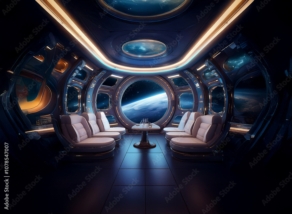 Poster a futuristic spacecraft lounge with large windows revealing a view of earth from space.