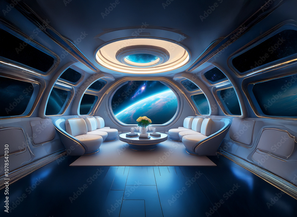 Aufkleber a futuristic spaceship interior with large windows overlooking earth and a seating area with a table