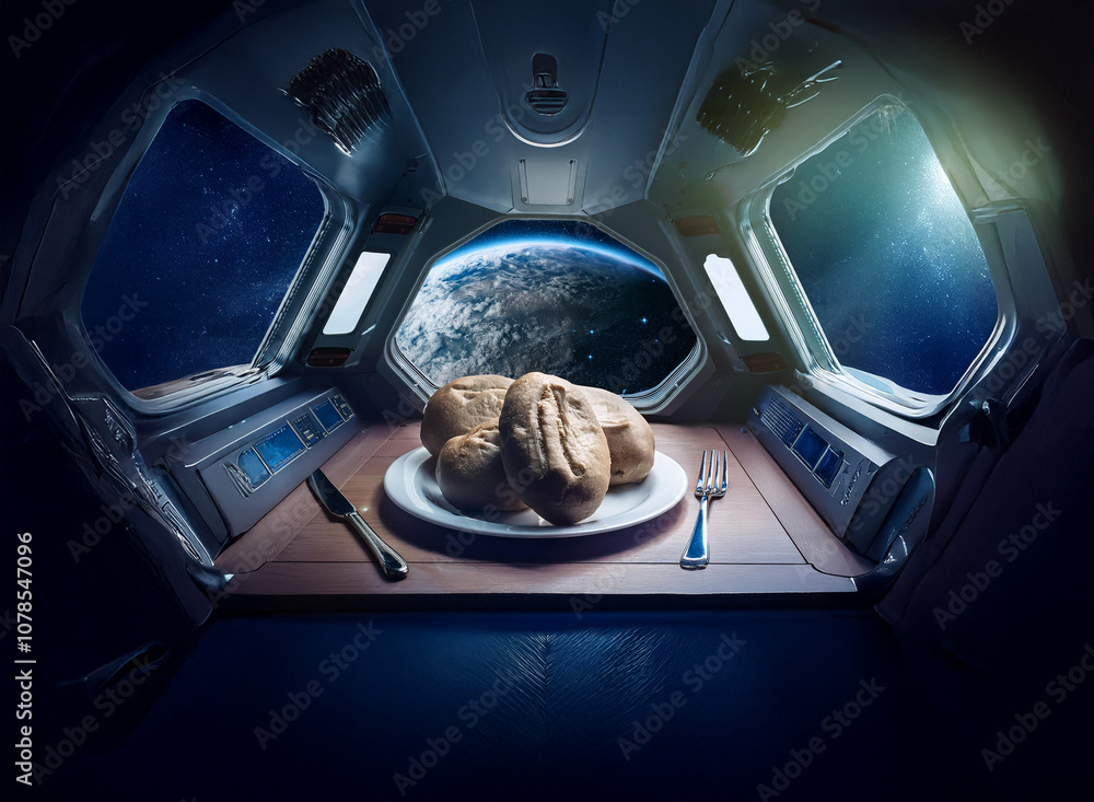 Poster A futuristic spaceship dining area with a view of Earth from the window, a plate with bread rolls, and a fork and knife on the table.