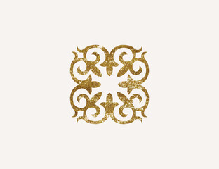 Kazakh national ornament with gold texture. Vector modern element isolated on white background. Central Asia floral abstract element of the national pattern.