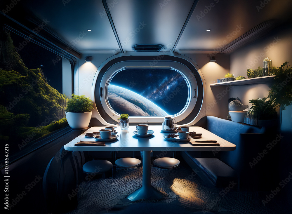 Poster A futuristic dining room in a spaceship, with a large window offering a view of Earth and the Milky Way.