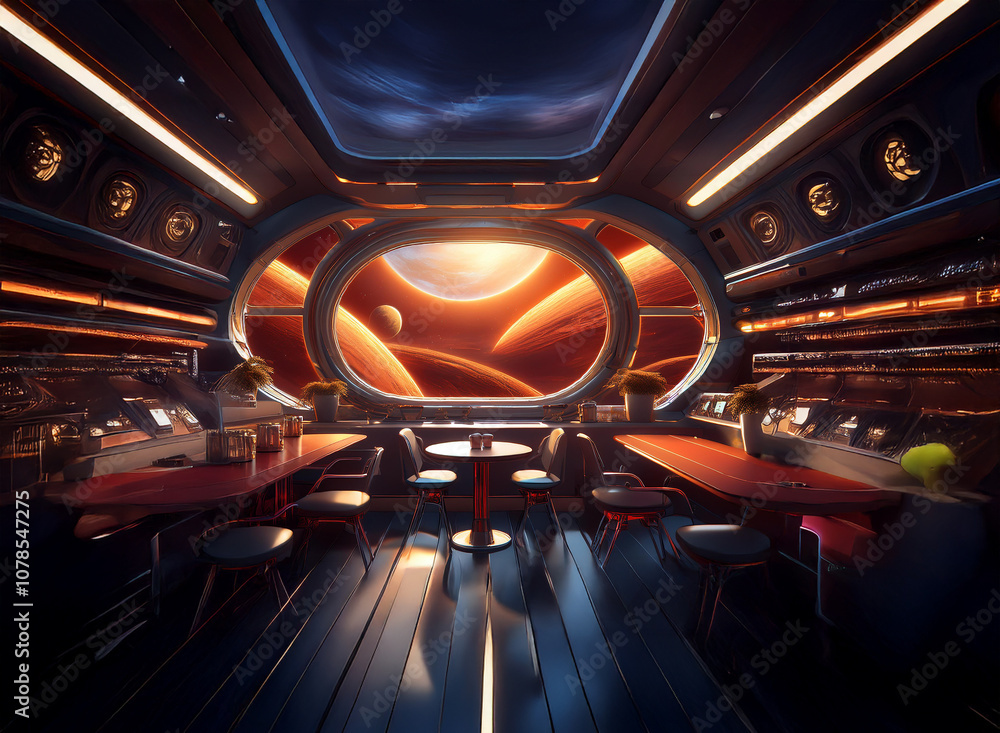 Poster A futuristic spaceship lounge with a large window overlooking a vibrant sunset and two planets in the distance.
