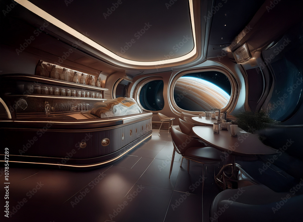 Fototapete a futuristic bar with large windows offering views of a ringed planet and a starry sky.