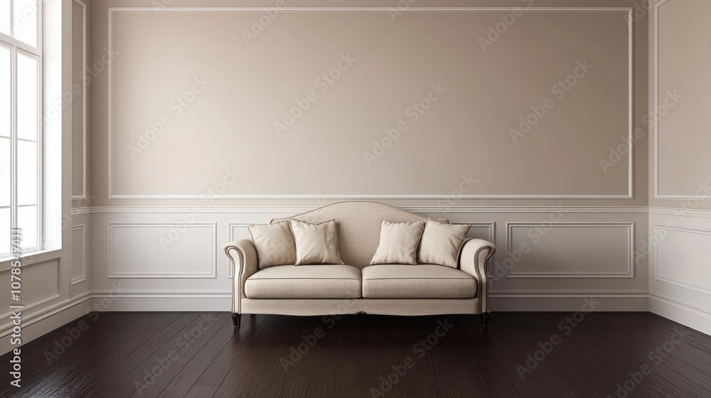 Poster explore the serenity of a single plush sofa in an expansive empty room