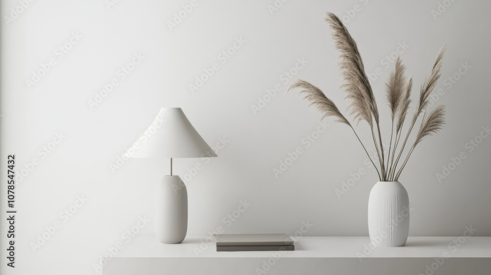 Poster create a minimalist study desk setup featuring a stylish lamp and high-fidelity decor