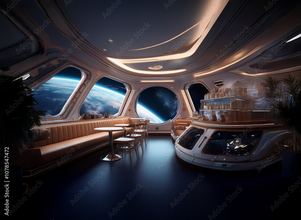 Poster a futuristic cafe with large windows offering a breathtaking view of earth from space.
