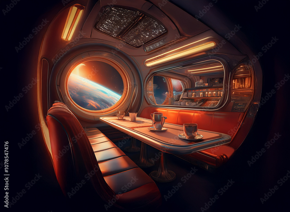Poster a futuristic spaceship dining area with a large viewport overlooking earth as the sun rises.