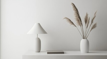 Create a minimalist study desk setup featuring a stylish lamp and high-fidelity decor