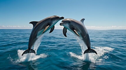 Obraz premium Two Dolphins Leaping and Touching Tails in the Ocean