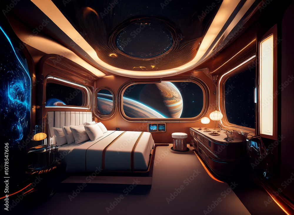 Poster a futuristic bedroom with a large window overlooking a view of space.
