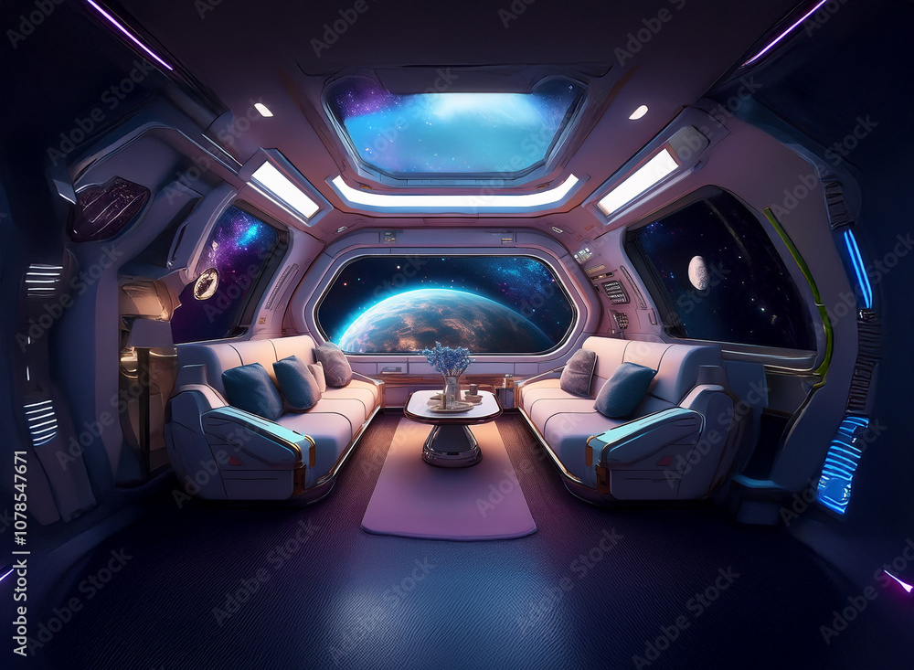 Poster a futuristic spaceship interior with large windows overlooking earth and a moon.