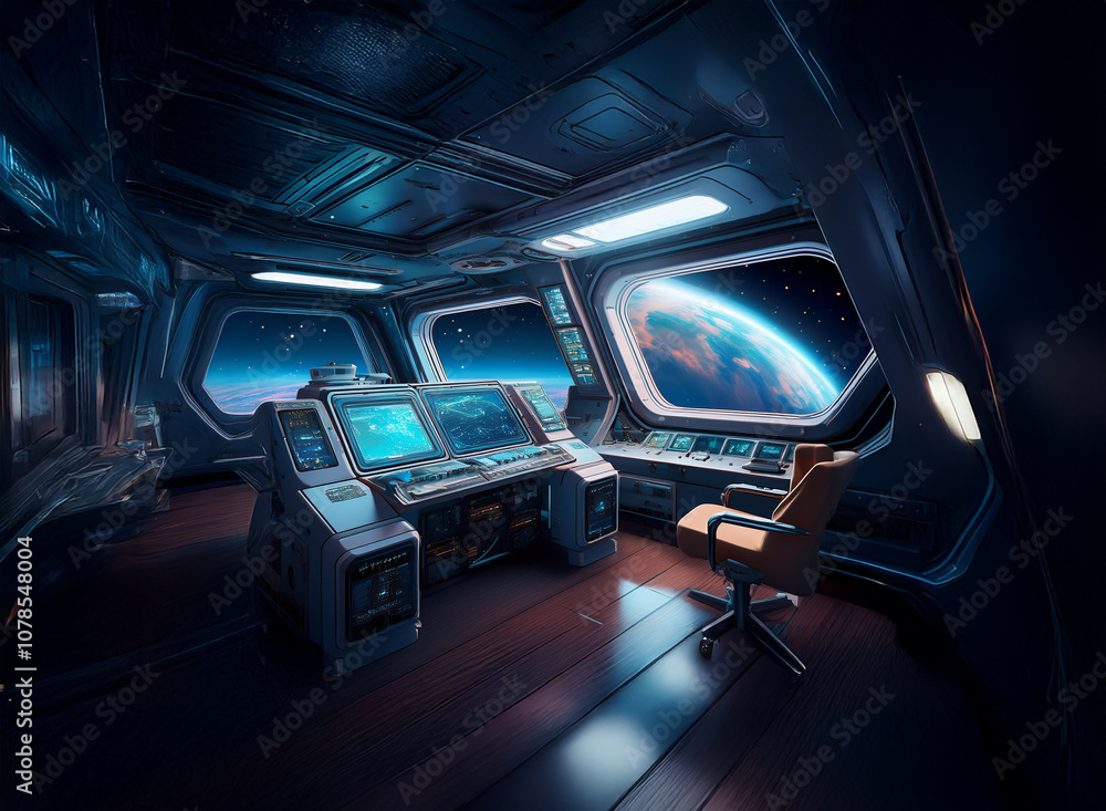Poster The interior of a spaceship with a view of a planet through the window, featuring a control panel, chairs, and wood flooring.