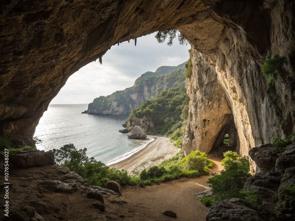 Poster minimalist 2d illustration of a beautiful cave entrance with basic shapes on a neutral background en