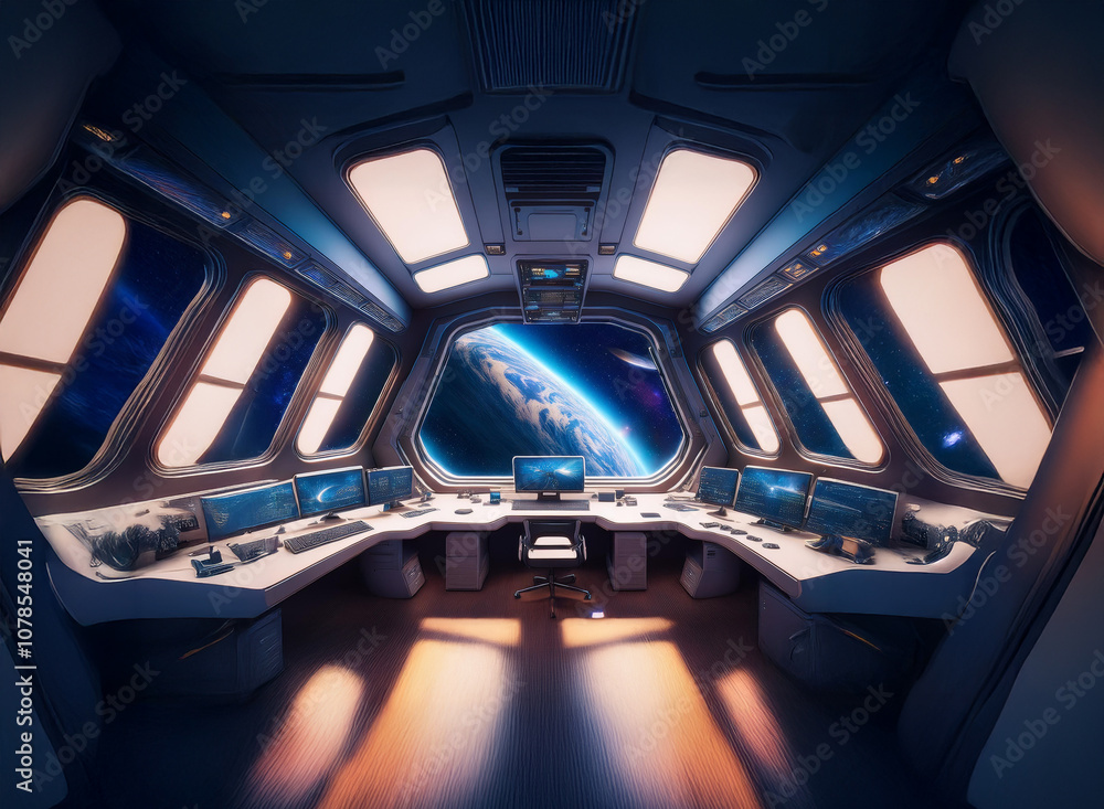 Aufkleber a spaceship's control room with multiple screens and a large window overlooking earth.