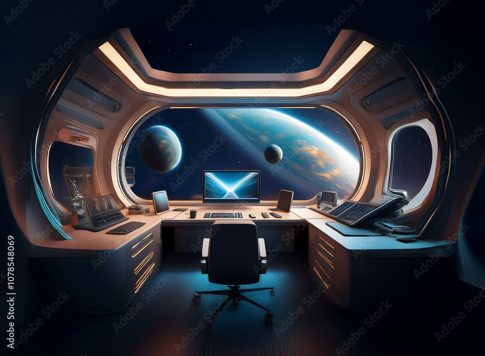 Poster A futuristic spaceship interior with a large window showcasing a view of planets and stars in the cosmos.