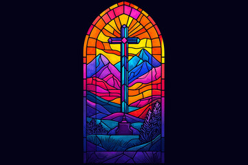 Stained Glass Mountain Sunset - Cross Silhouette