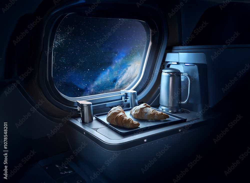 Poster a futuristic spacecraft interior with a large window overlooking a starry sky and a planet. a breakf