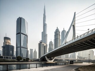 Minimalist Architectural Sketch of an Urban Cityscape Featuring Sleek Skyscrapers and a Graceful Bridge, Capturing the Essence of Modern Design in a Simplistic Style