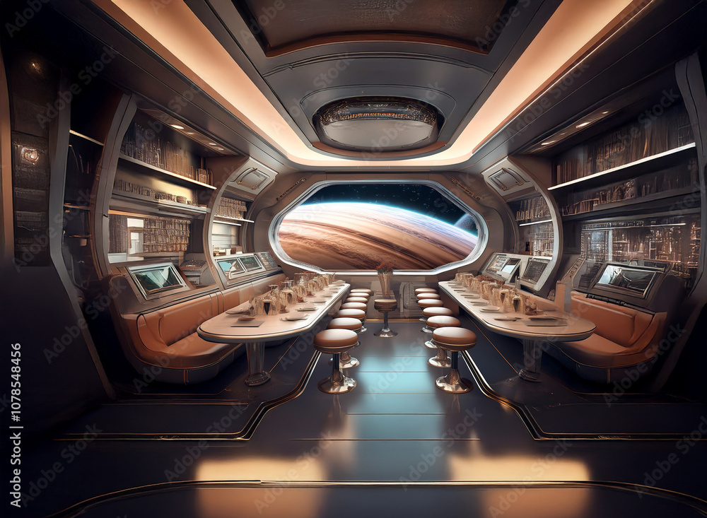 Poster a futuristic bar with a large window overlooking a gas giant with prominent rings.