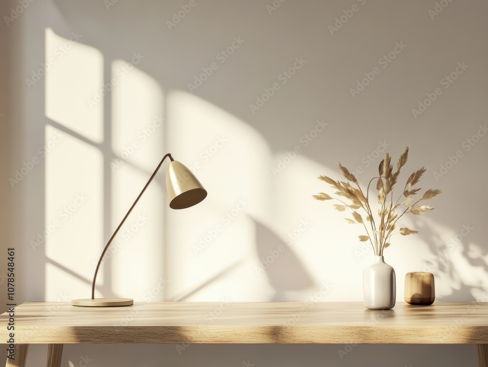 Poster create a serene workspace with a minimal wooden desk and modern design