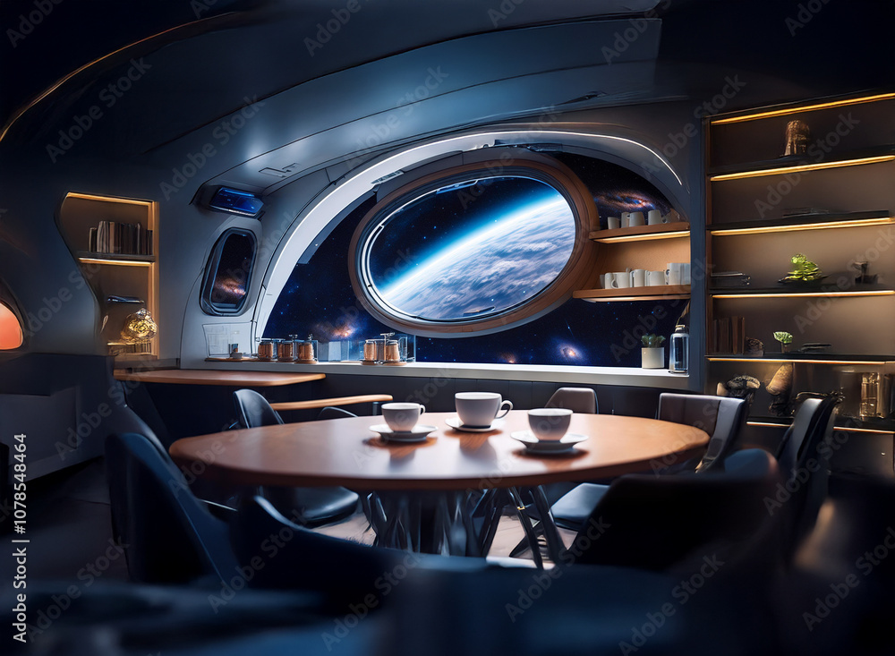 Poster a futuristic dining area with a large oval window overlooking a blue and green planet from space. a 