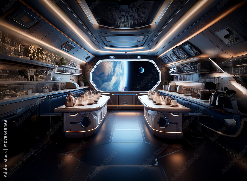 Poster A futuristic bar with two counter stations and a view of Earth and a moon from a large window.