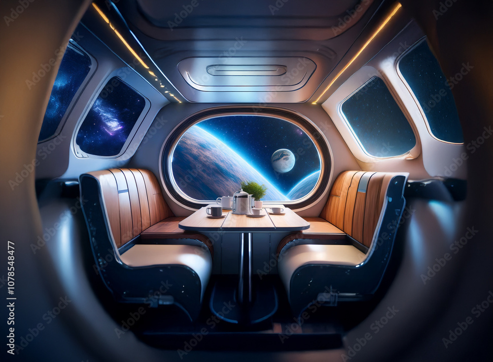 Poster a futuristic spaceship interior with large windows showcasing a view of earth and a moon. the room f