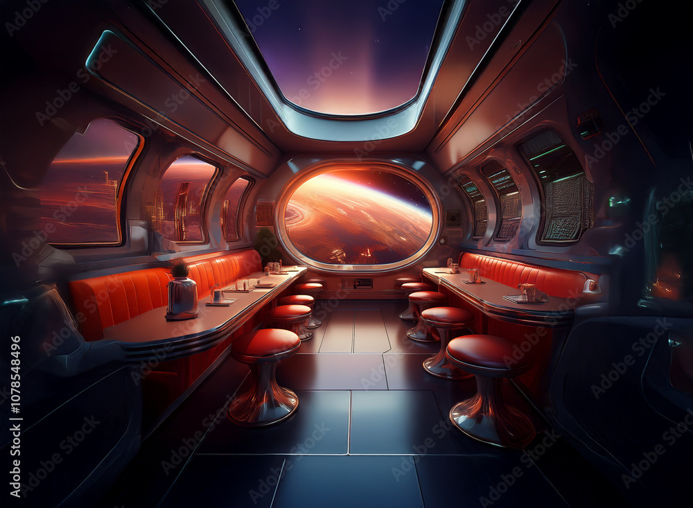 Poster a retro diner style space station with large windows overlooking a futuristic city and a red planet.