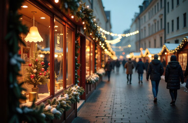 Obraz premium Charming christmas market in winter city with festive decorations and lights at dusk