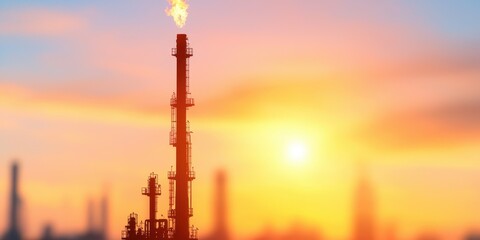 Obraz premium A flaring tower silhouetted against a vibrant sunset in an industrial landscape.