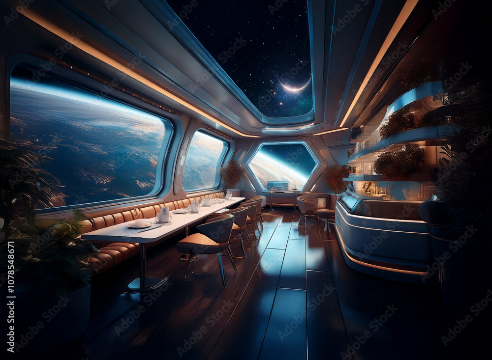 Poster a futuristic dining room aboard a spaceship with large windows overlooking a planet and a crescent m