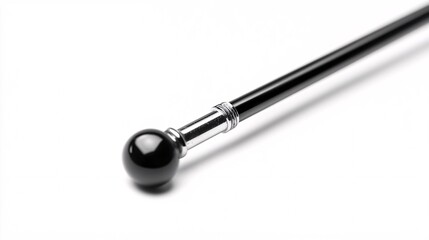 Elegant black cane with silver detail and round handle on white background. Classic design, symbol of power, luxury, and vintage style. Perfect for fashion and mobility.