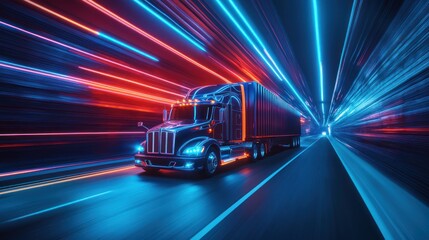 Semitruck Speeding Through Neon Tunnel