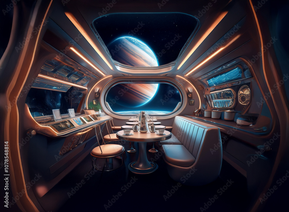 Poster A futuristic dining space with a large window showcasing a view of a distant planet.