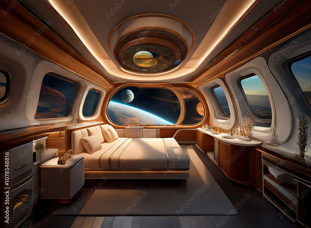 Poster a luxurious bedroom in space with a large window overlooking a view of earth and other planets.