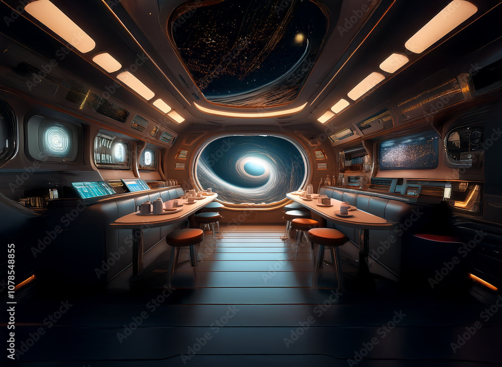 Poster the interior of a spaceship with a large window looking out into space. the interior features a bar,